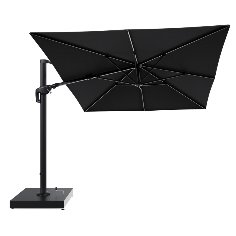 Parasol pendant Minore avec fonction tilt en aluminium noir et toile de parasol All Weather Sunbrella® Luxe Chartres Sooty - Lg.1 400 x Lg.2 300 cm avec pied de parasol Minore 260 kg avec roulettes