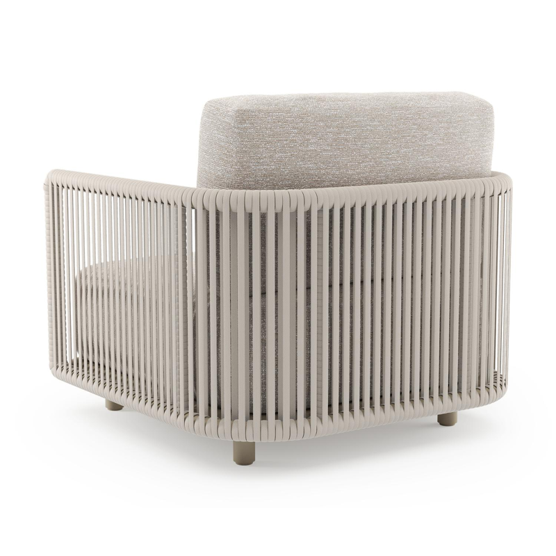 Organo loungestoel in beige aluminium en beige verticaal geweven luxe vlakke rope met tundra sand all weather Sunbrella® luxe kussen
