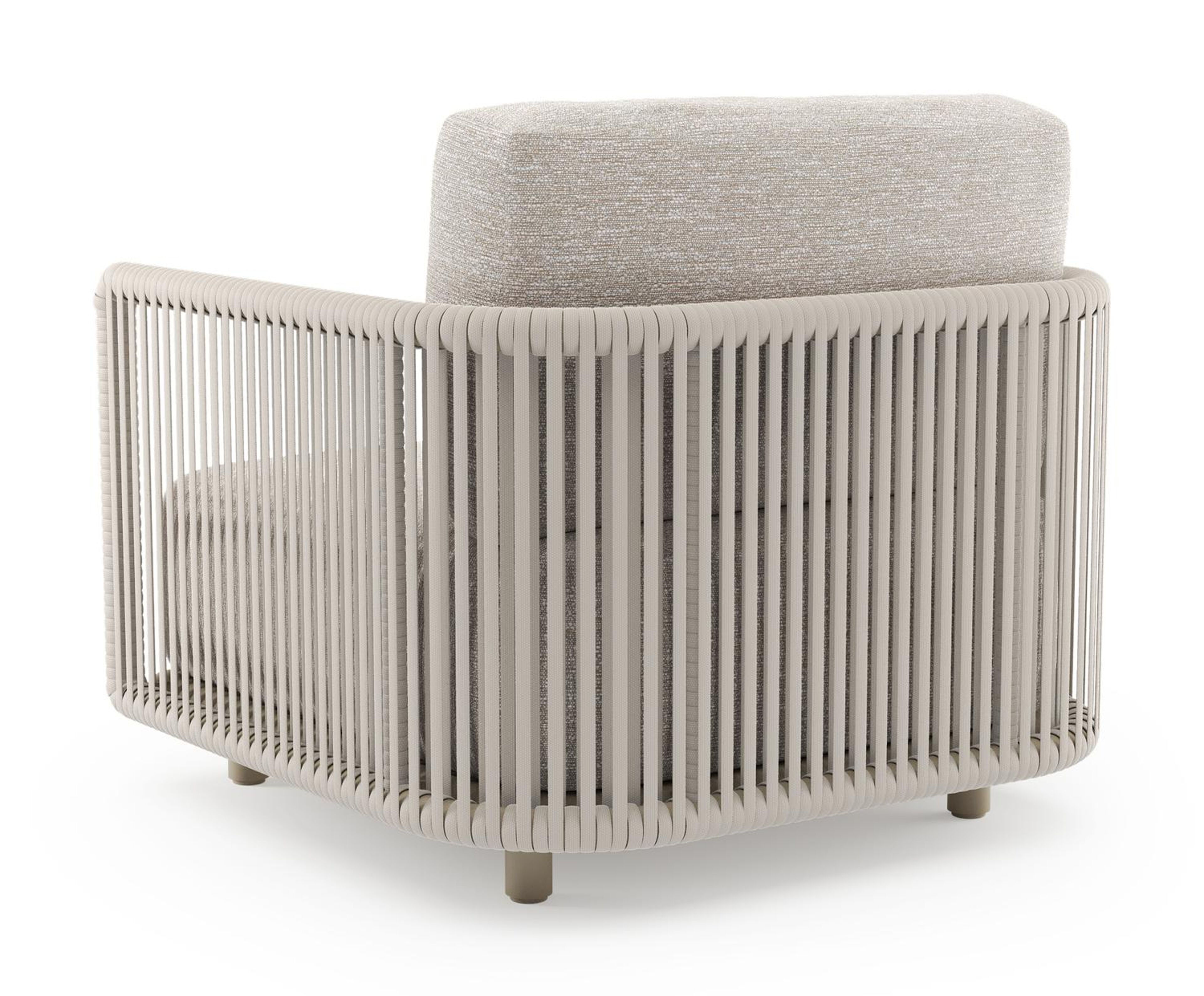 Organo loungestoel in beige aluminium en beige verticaal geweven luxe vlakke rope met tundra sand all weather Sunbrella® luxe kussen