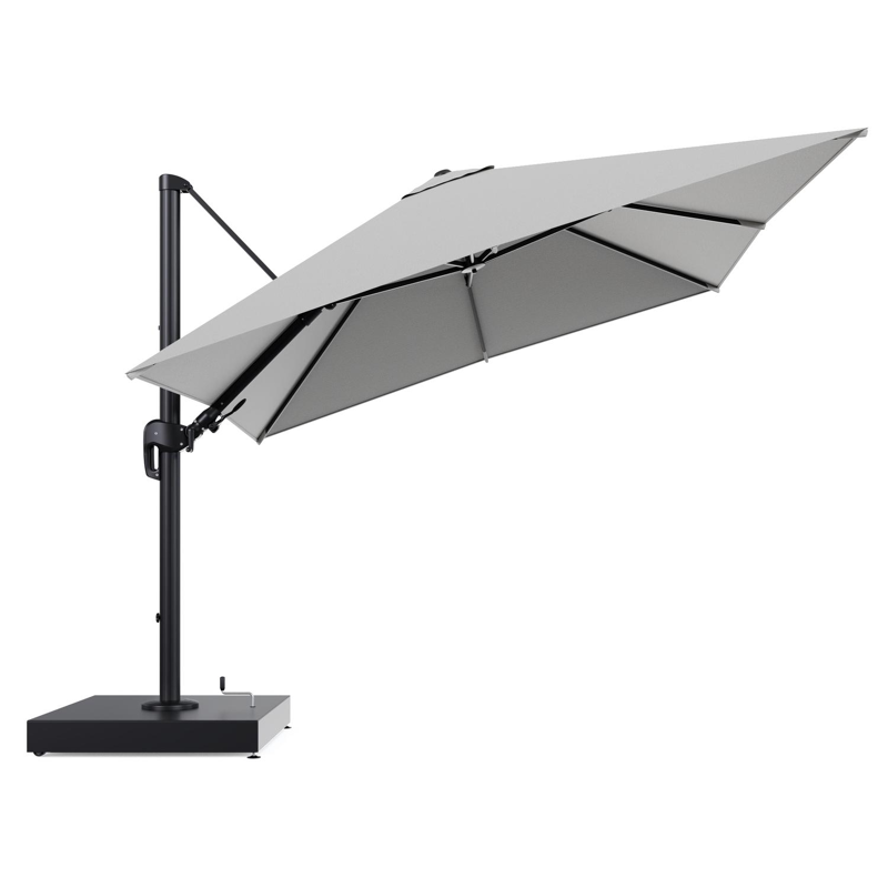 Rufina zweefparasol met tiltfunctie in zwart aluminium en Savane Nimbus All Weather Sunbrella® Luxe parasoldoek - L1 300 x L2 300 cm met parasolvoet Minore 260 kg met wielen