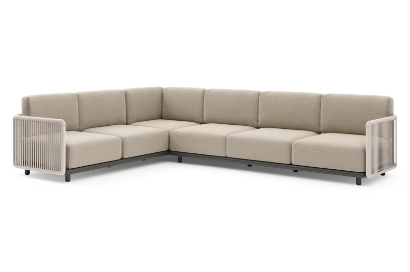 Organo loungehoek in zwart aluminium en beige verticaal geweven luxe vlakke rope met marbella beige All Weather Cosytica kussens