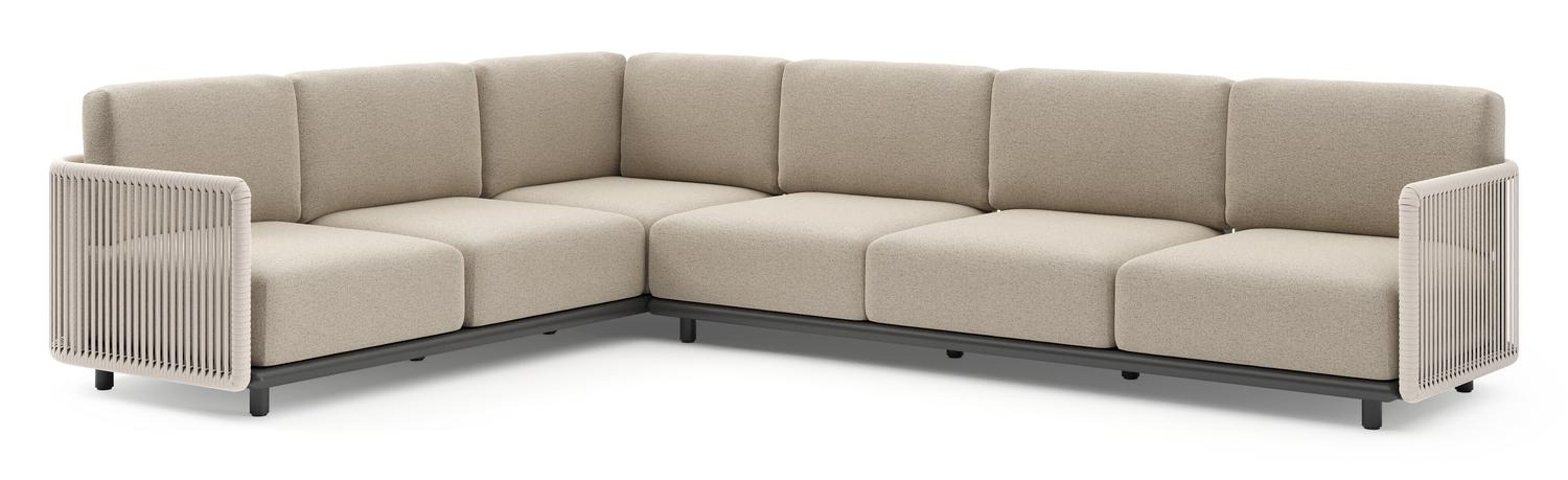 Organo loungehoek in zwart aluminium en beige verticaal geweven luxe vlakke rope met marbella beige All Weather Cosytica kussens