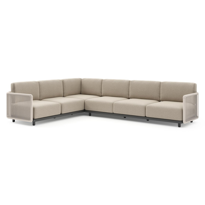 Organo loungehoek in zwart aluminium en beige verticaal geweven luxe vlakke rope met marbella beige All Weather Cosytica kussens