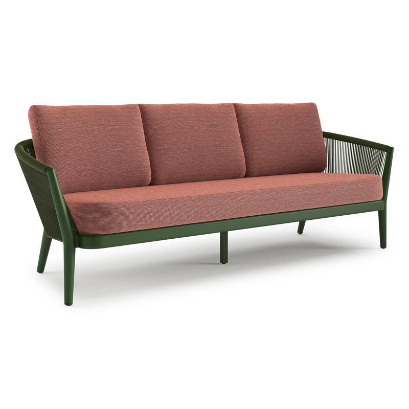 Canapé de jardin Orso en aluminium vert en corde ronde tissée verticalement vert et coussins en all weather sunbrella® luxe Slow Alezan