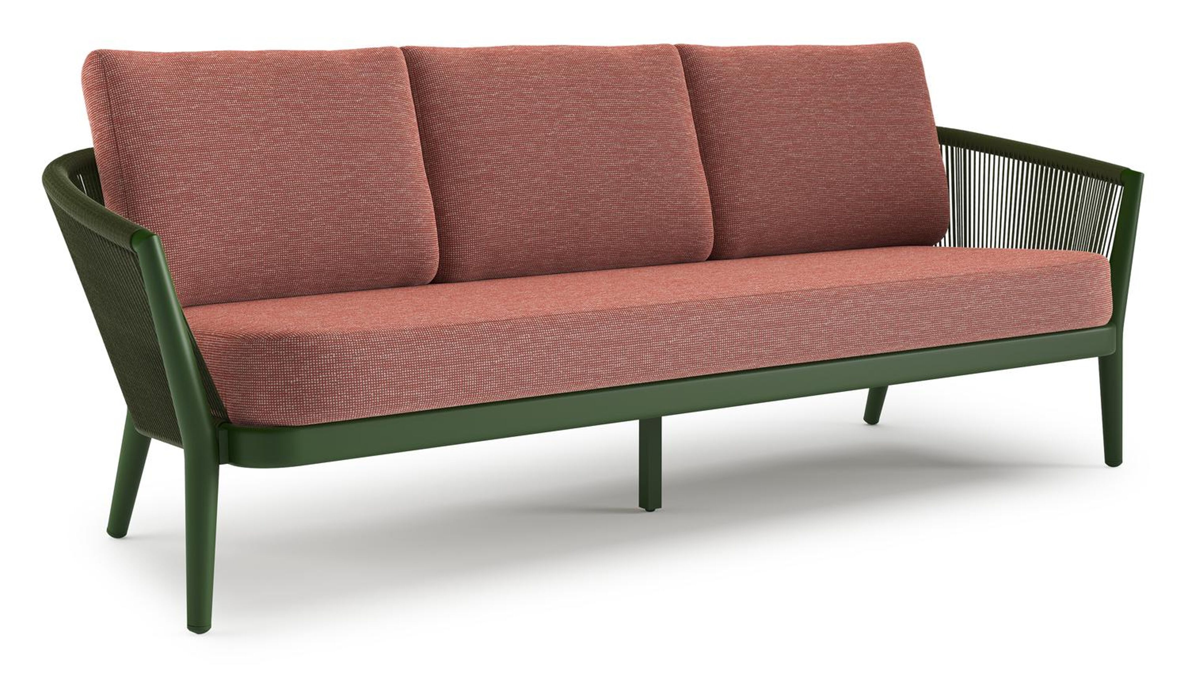 Orso loungebank in groen aluminium en groen verticaal geweven ronde rope met Slow Alezan all weather sunbrella® luxe kussen