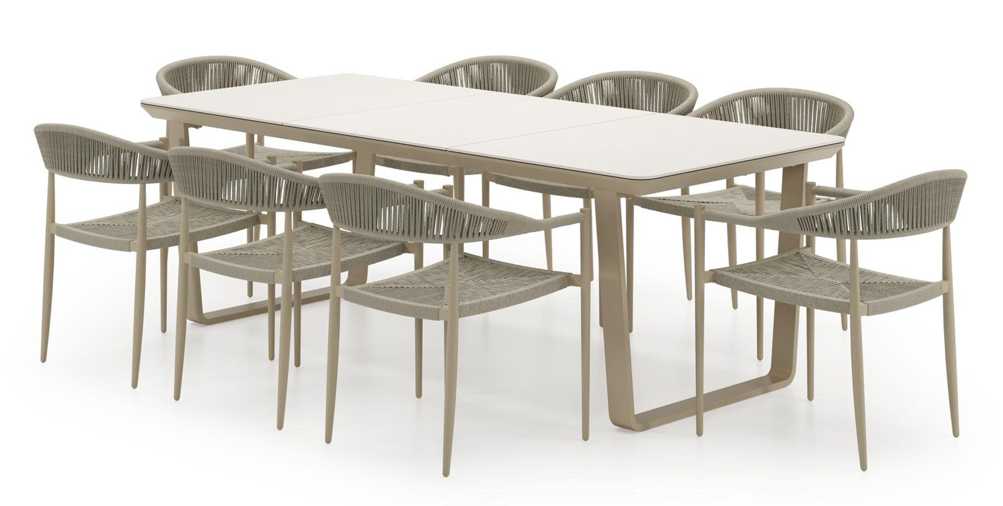 Alora tuinset in beige aluminium en beige sintered stone met 8 Guarda tuinstoelen