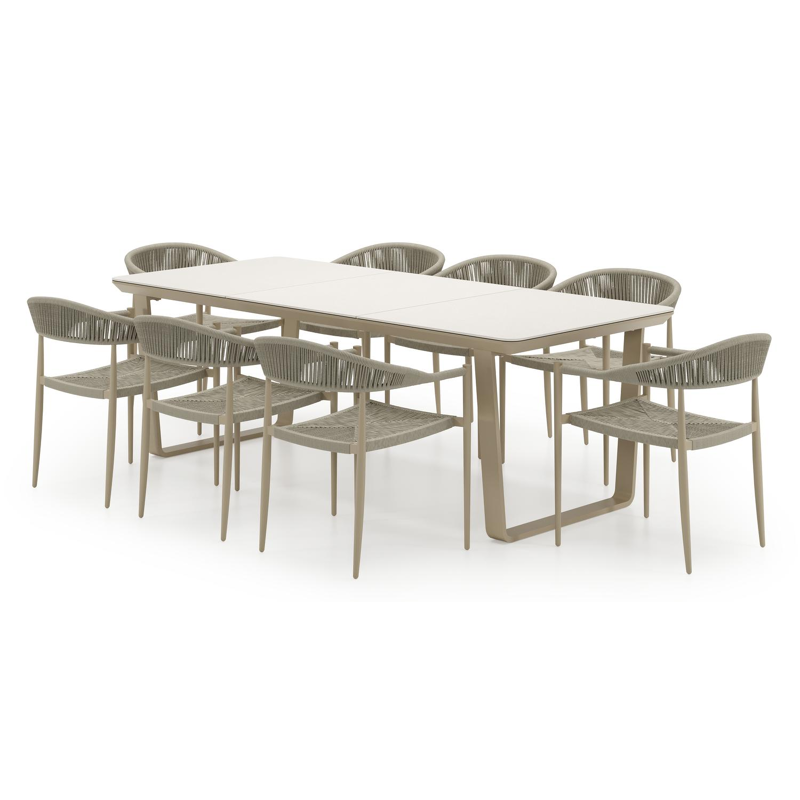 Alora tuinset in beige aluminium en beige sintered stone met 8 Guarda tuinstoelen