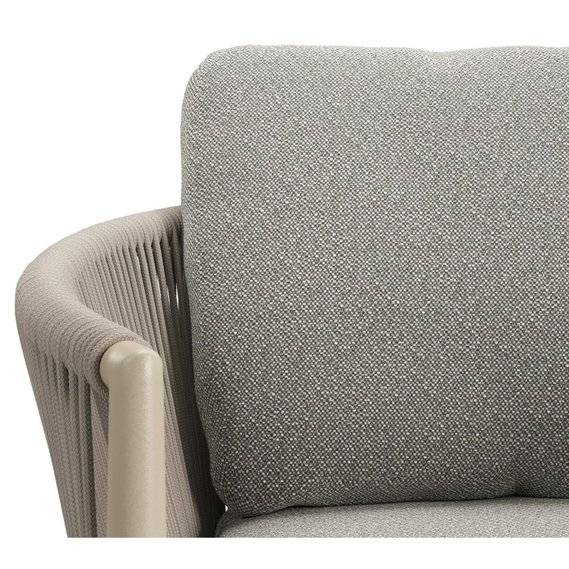 Organo tuinstoel in zwart aluminium en beige verticaal geweven ronde rope met stoelkussen in All Weather Sunbrella® Luxe Savane Tunder