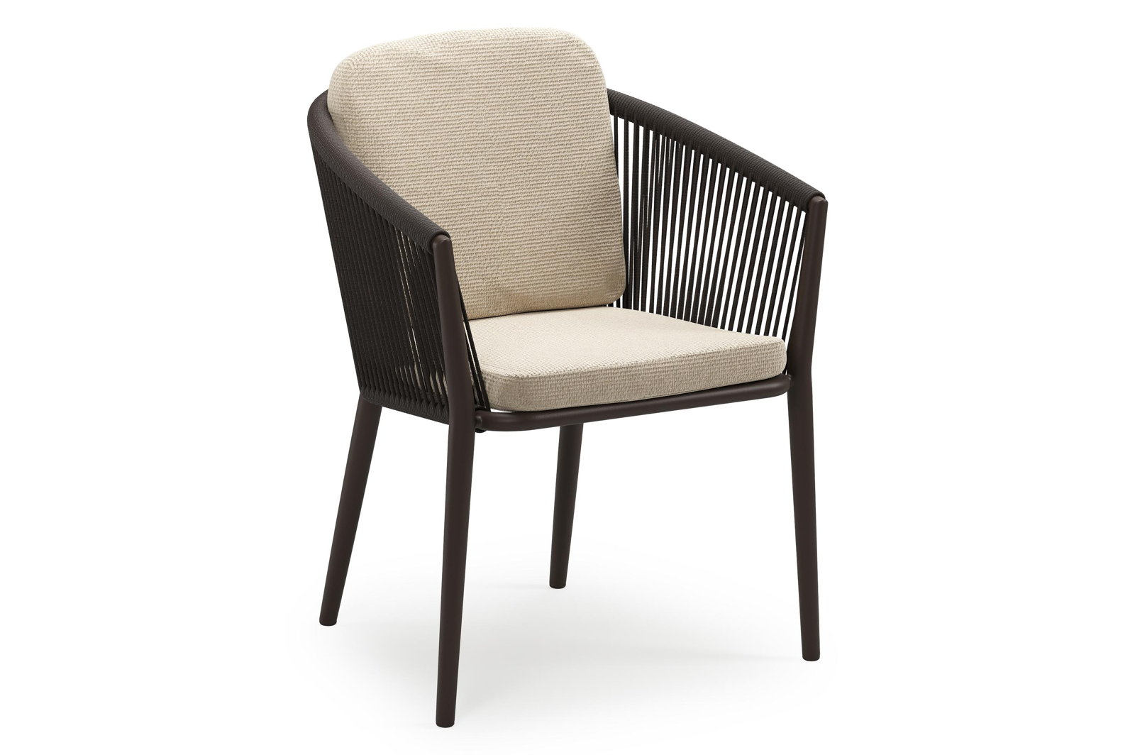 Orso stapelbare tuinstoel in donkerbruin aluminium en donkerbruin verticaal geweven ronde rope met stoelkussen in All Weather Cosytica Althea Chalk