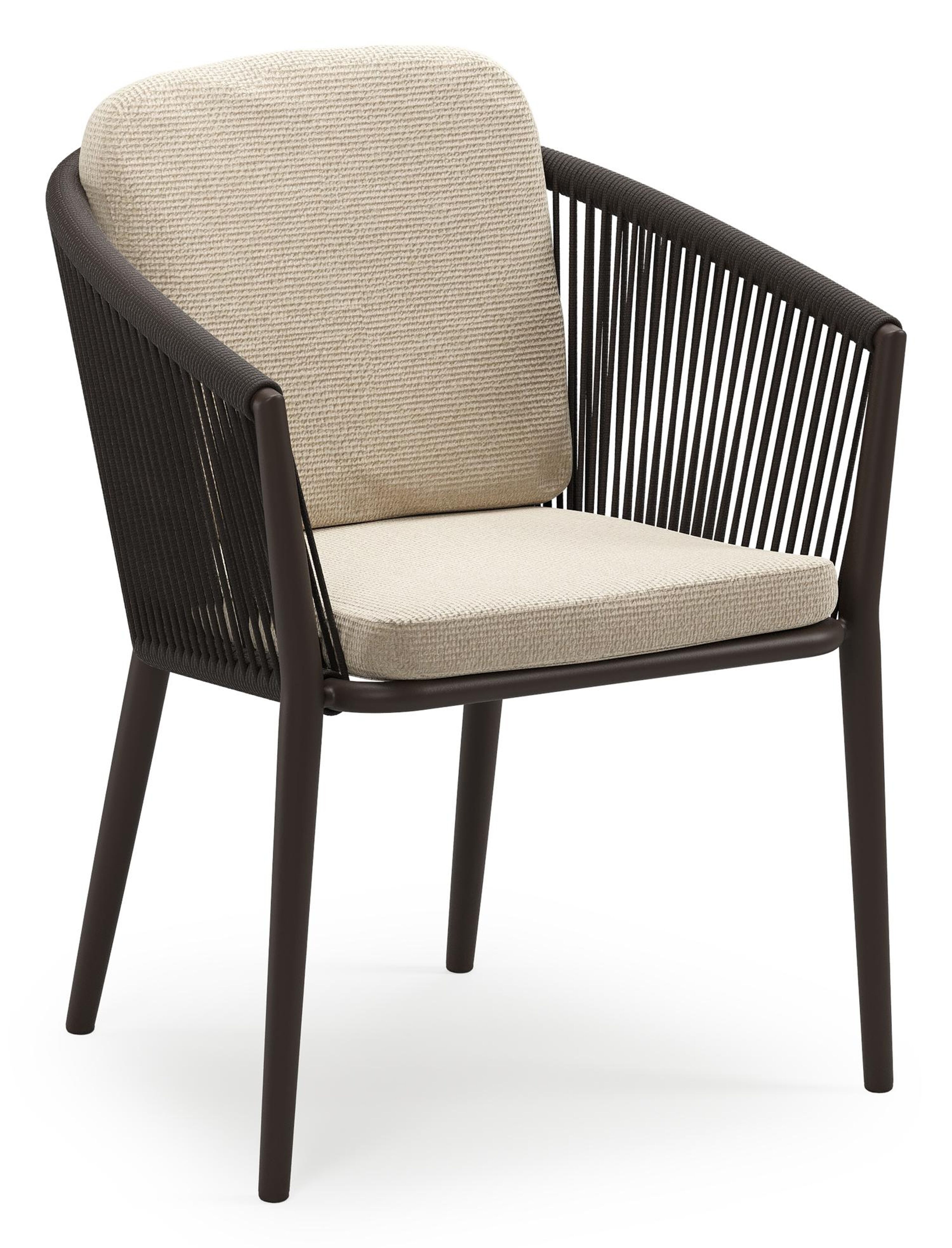 Chaise de jardin empilable Orso en aluminium brun foncé et corde ronde tissée verticalement brun foncé avec coussin en All Weather Cosytica Althea Chalk