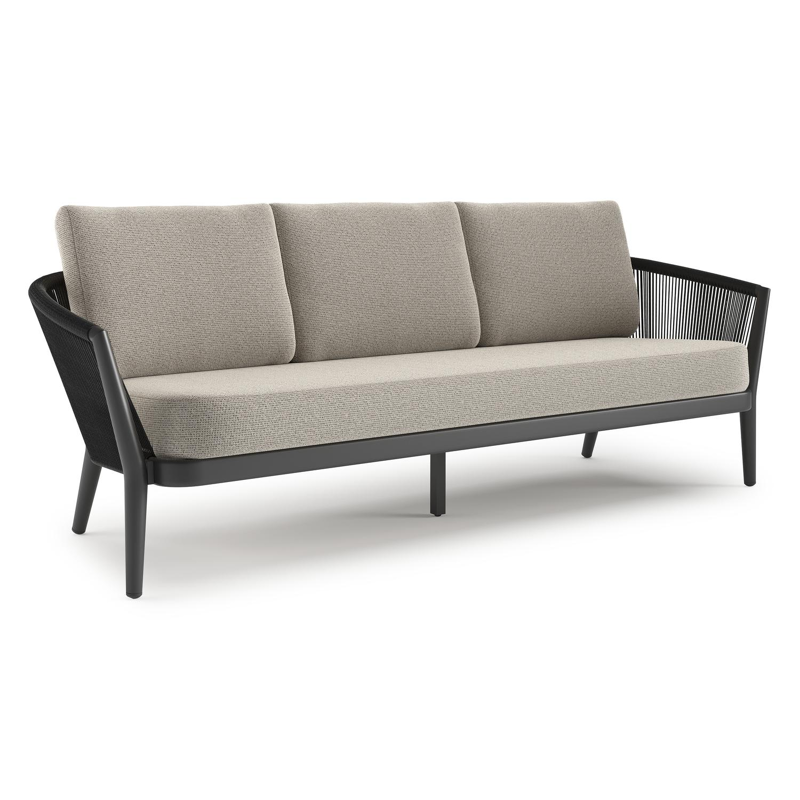 Orso loungebank in zwart aluminium en zwart verticaal geweven ronde rope met Firenze Sand all weather solica kussen