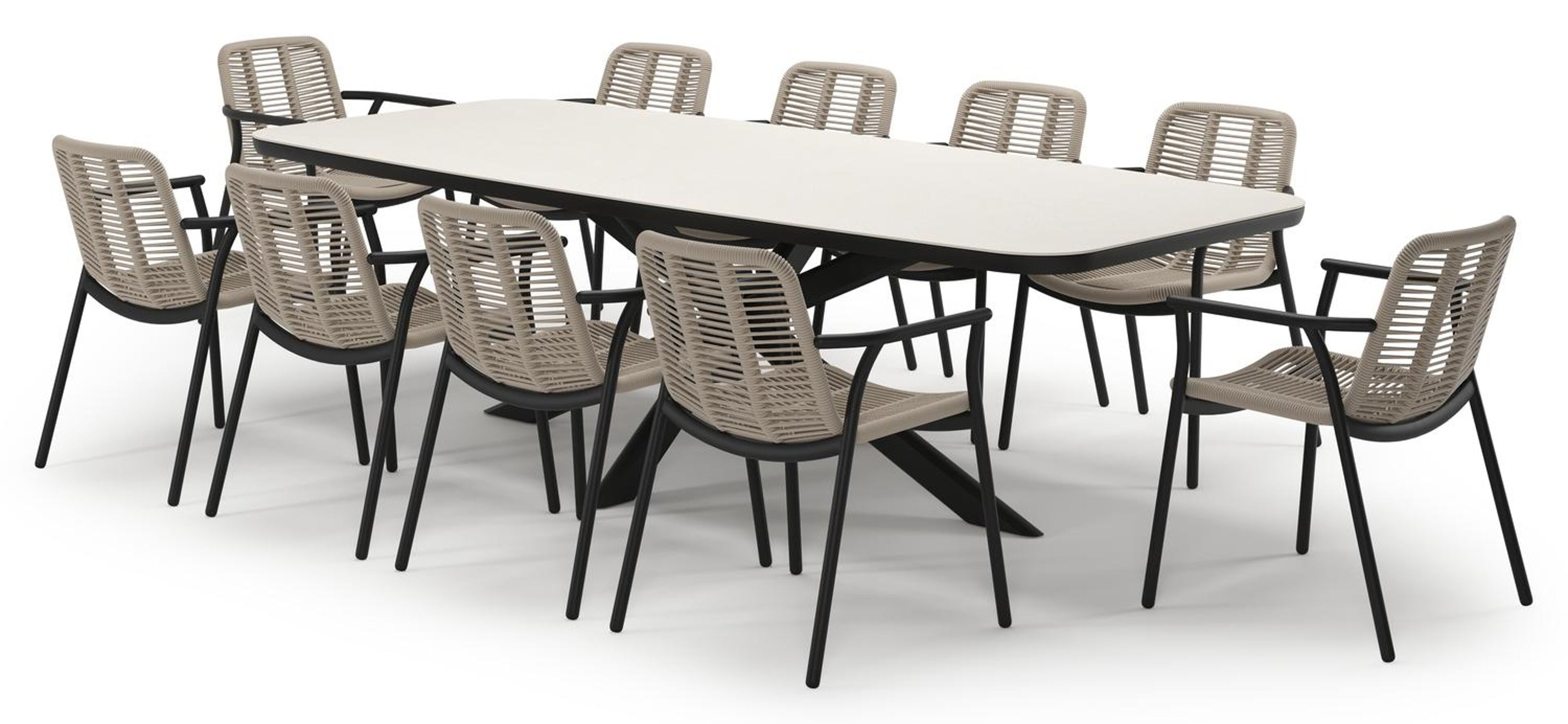 Pamplona tuinset in zwart aluminium en crema minerale sintered stone met 10 stapelbare Berga tuinstoelen