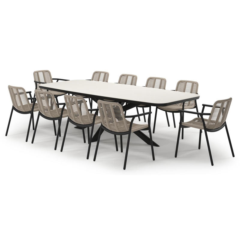 Pamplona tuinset in zwart aluminium en crema minerale sintered stone met 10 stapelbare Berga tuinstoelen
