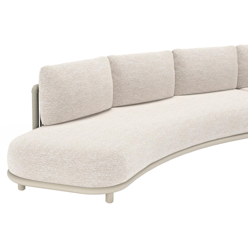 Canapé de jardin Lomano en aluminium beige et corde luxe plate tissée verticalement beige et coussins en all weather sunbrella® luxe Tundra Sand