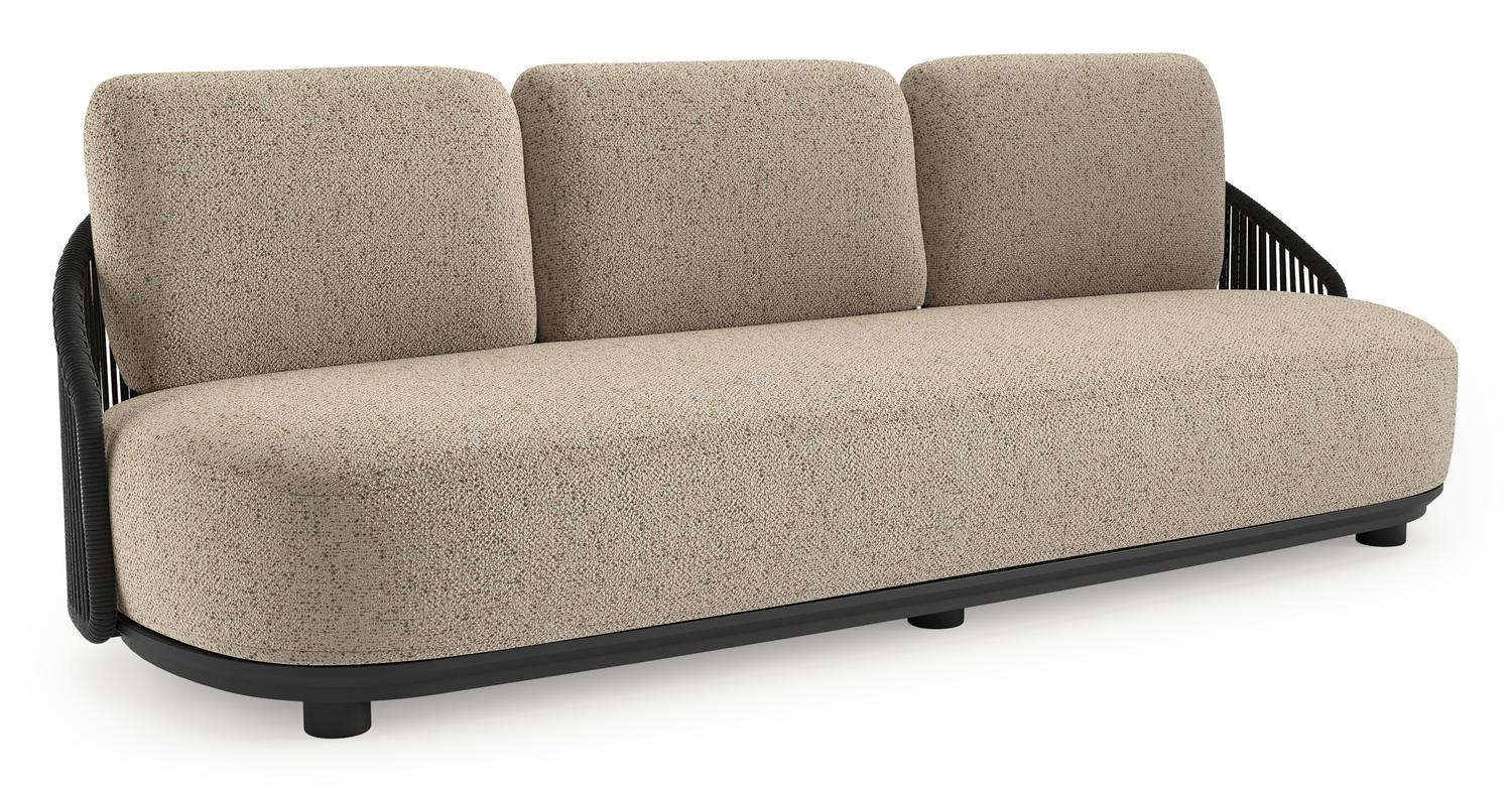 Canapé de jardin Vadelo en aluminium noir et corde ronde tissée verticalement noir et coussins en all weather cosytica bora jungle