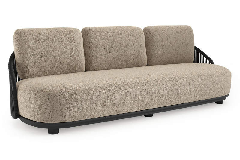 Vadelo loungebank in zwart aluminium en zwart verticaal geweven ronde rope met bora jungle all weather cosytica kussen