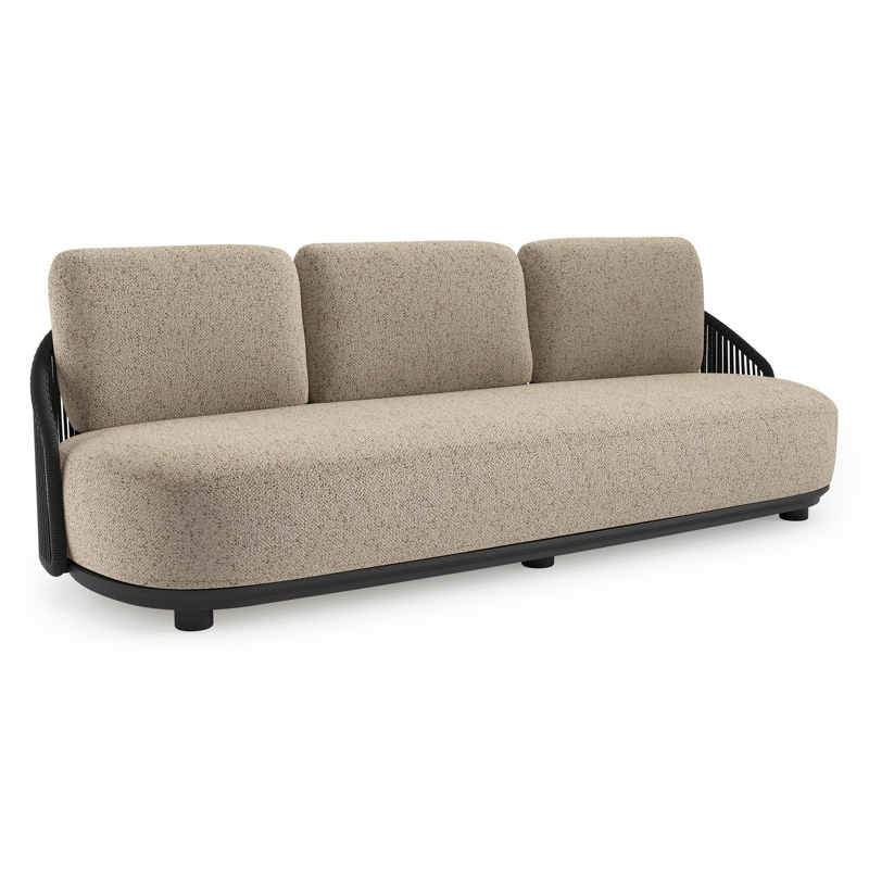 Canapé de jardin Vadelo en aluminium noir et corde ronde tissée verticalement noir et coussins en all weather cosytica bora jungle