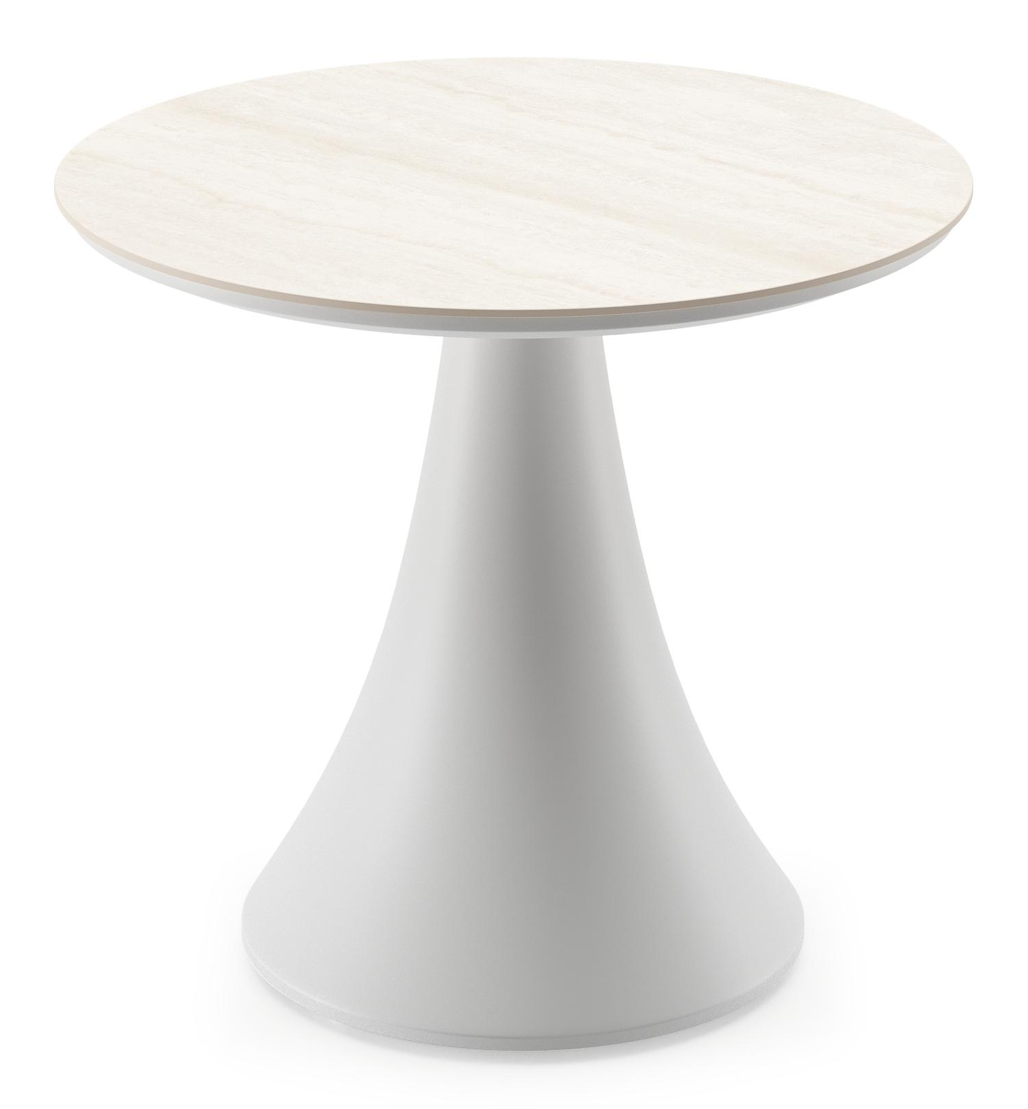 Table de basse low dining Fano ronde en aluminium blanc et céramique pleine Travertino Bianco - Diam. 65 x Haut. 55 cm