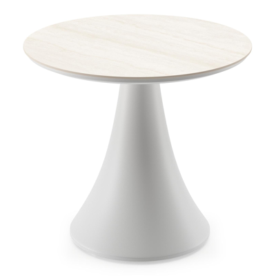 Fano low dining loungetafel rond in wit aluminium en volkeramiek Travertino Bianco - Dia. 65 x H 40 cm
