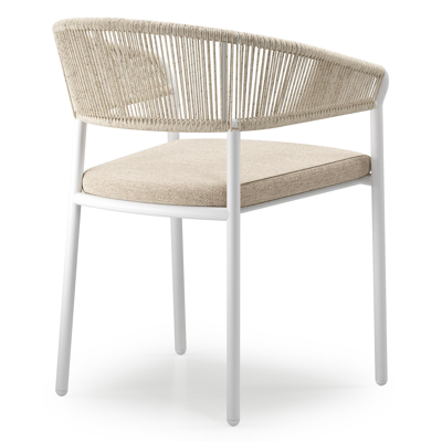 Zamora tuinstoel stapelbaar in wit aluminium en beige gedraaide ronde wicker met weather+ softtouch rustic kussen
