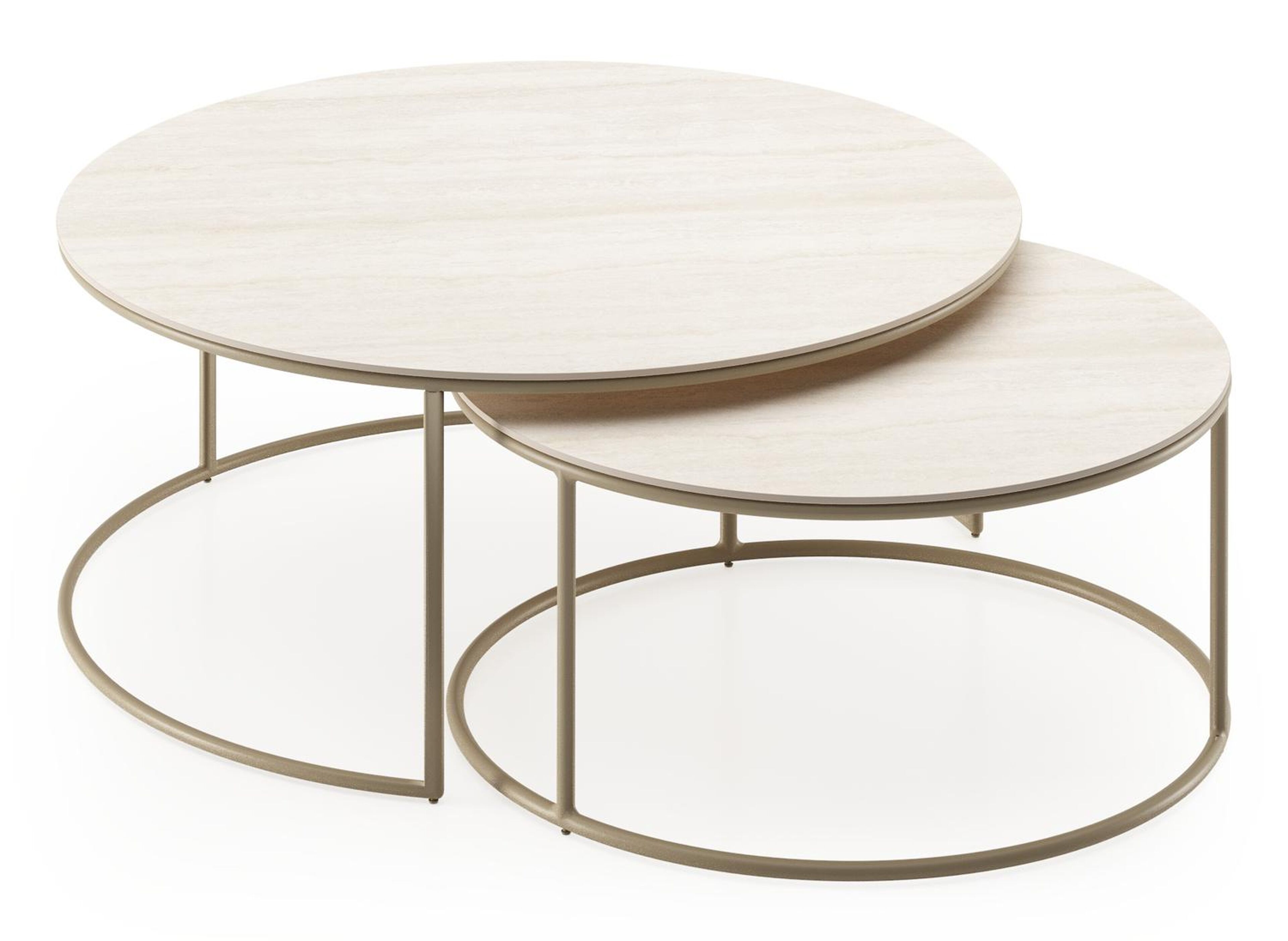 Ensemble de 2 tables d'appoint Fano ronde en aluminium beige et céramique pleine Travertino Bianco - Diam. 85 x Haut. 35 cm