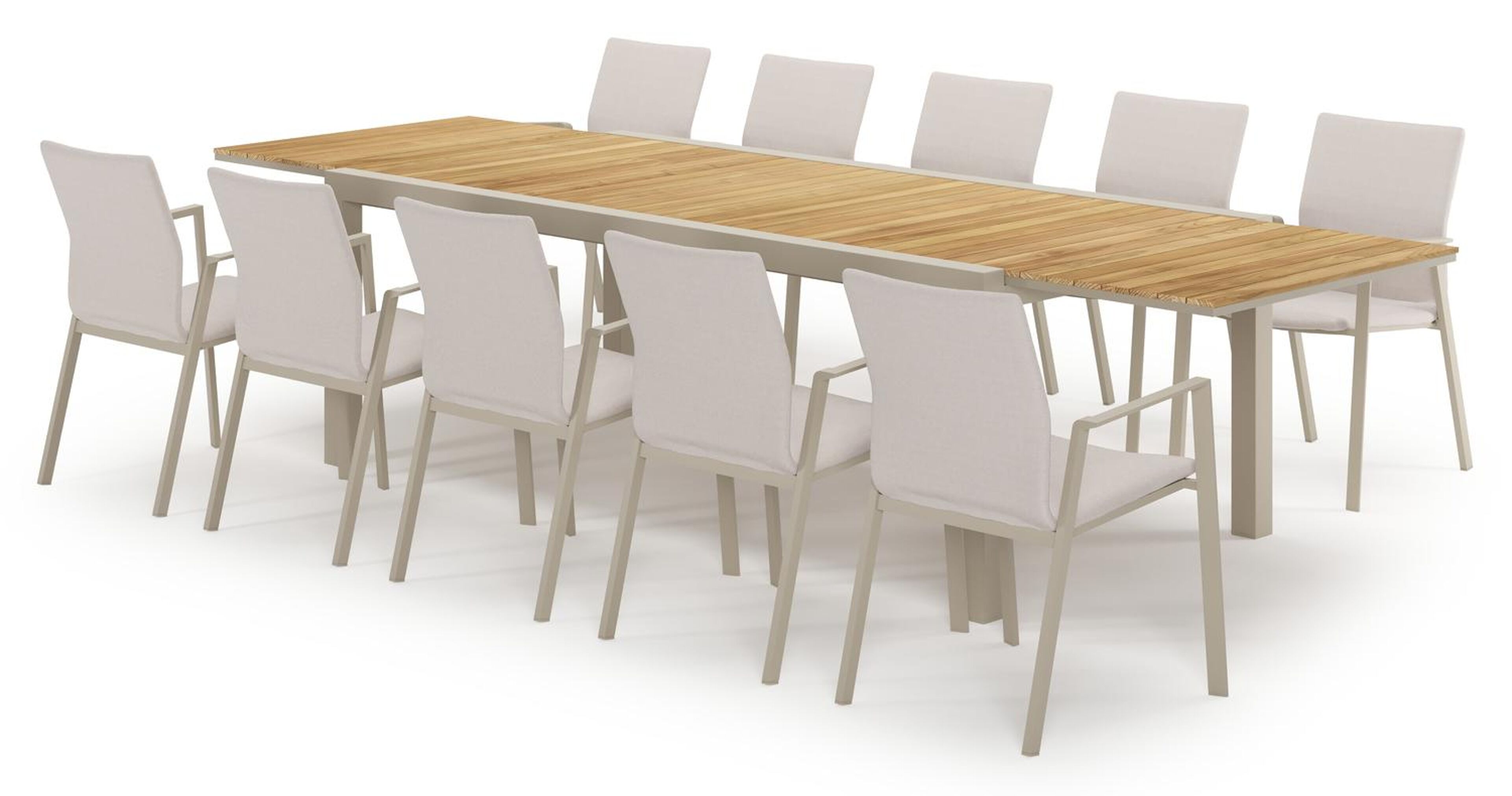 Calobra verlengbare tuinset rechthoekig in beige aluminium en teak met 10 Madura tuinstoelen
