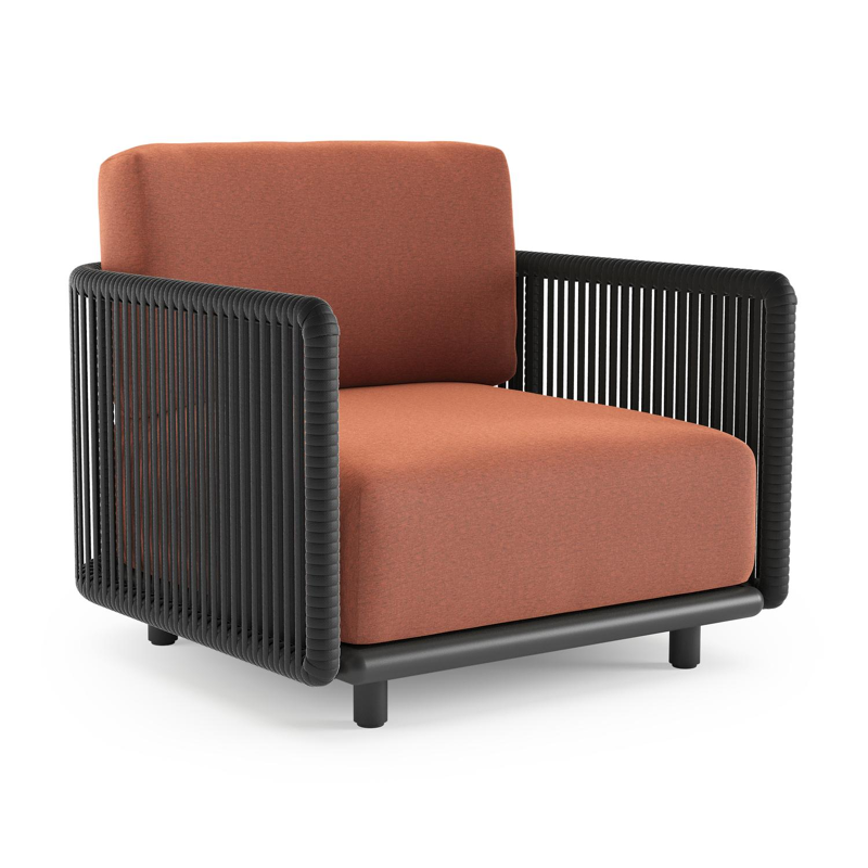 Organo loungestoel in zwart aluminium en zwart verticaal geweven luxe vlakke rope met heritage rust all weather Sunbrella® luxe kussen