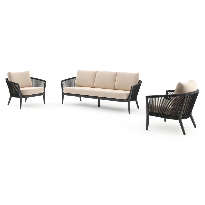 Orso loungeset in zwart aluminium en zwart verticaal geweven ronde rope met Heritage Papyrus all weather sunbrella® luxe kussen