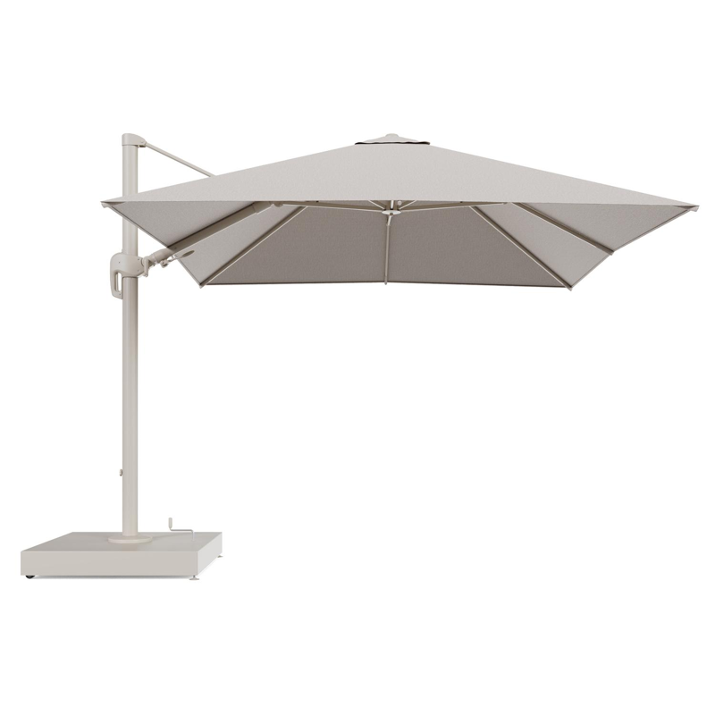 Rufina zweefparasol met tiltfunctie in beige aluminium en Slow Farafra All Weather Sunbrella® Luxe parasoldoek - L1 300 x L2 300 cm met parasolvoet Minore 260 kg met wielen