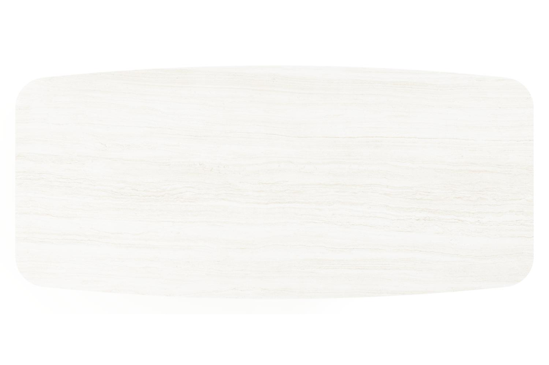 Table de jardin Lacirma forme de bateau en aluminium beige et céramique pleine Calista Lg. 255 x Lrg. 115 x Haut. 74 cm