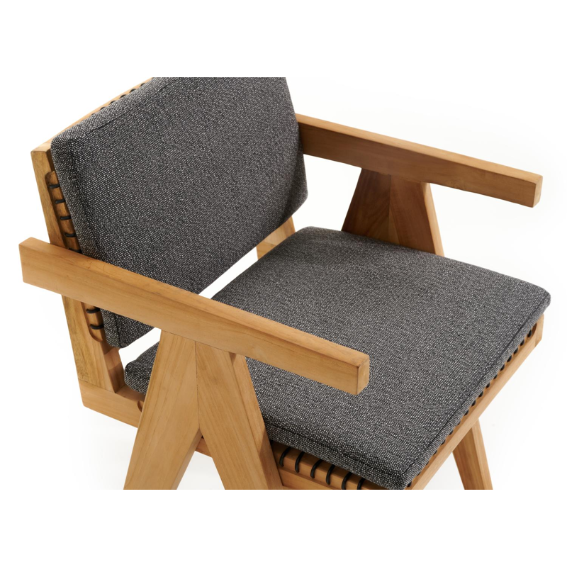 Chaise de jardin Trentino en teck et résine tressée ronde naturel avec coussin en savane tornado all weather sunbrella® luxe