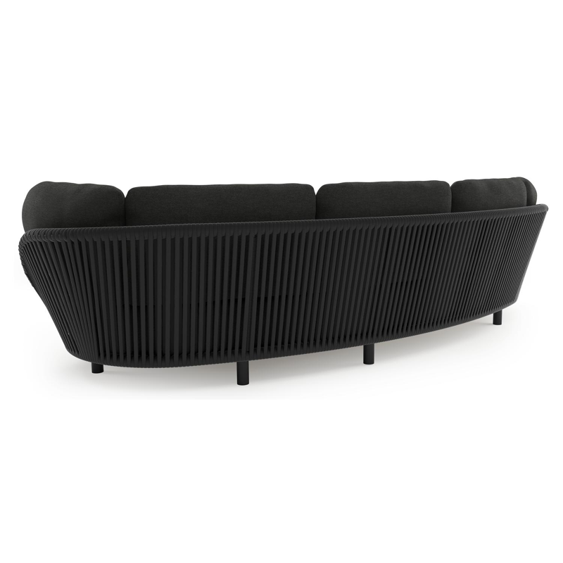 Lupino loungeset in zwart aluminium en zwart verticaal geweven luxe vlakke brede rope met chartres sooty all weather sunbrella® luxe kussen