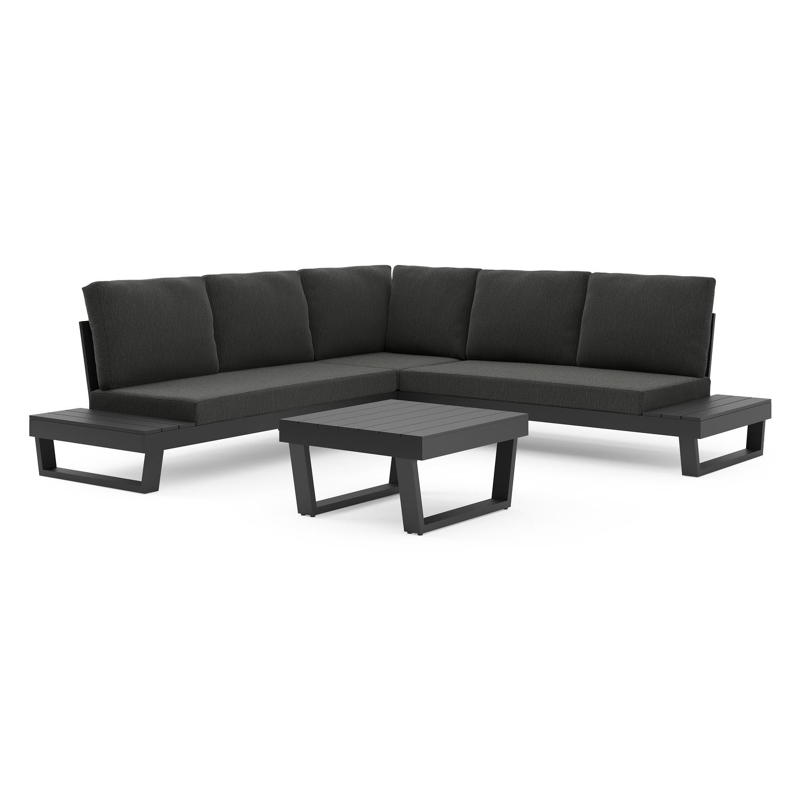 Modica loungehoek in zwart aluminium met rustic weather+ softtouch kussens en loungetafel