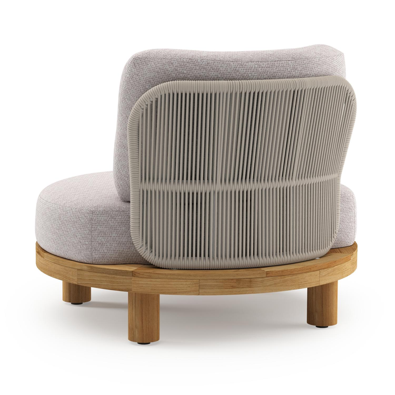Donato loungestoel in teak en beige verticaal geweven ronde rope met all weather sunbrella® luxe Wander Gobi kussen