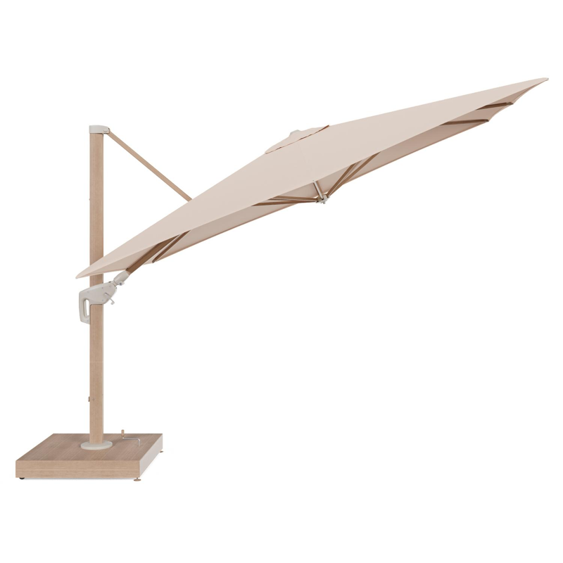 Minore zweefparasol met tiltfunctie in houtlook aluminium en Natte Linen Chalk All Weather Sunbrella® Luxe parasoldoek - L1 280 x L2 370 cm met parasolvoet Minore 260 kg met wielen