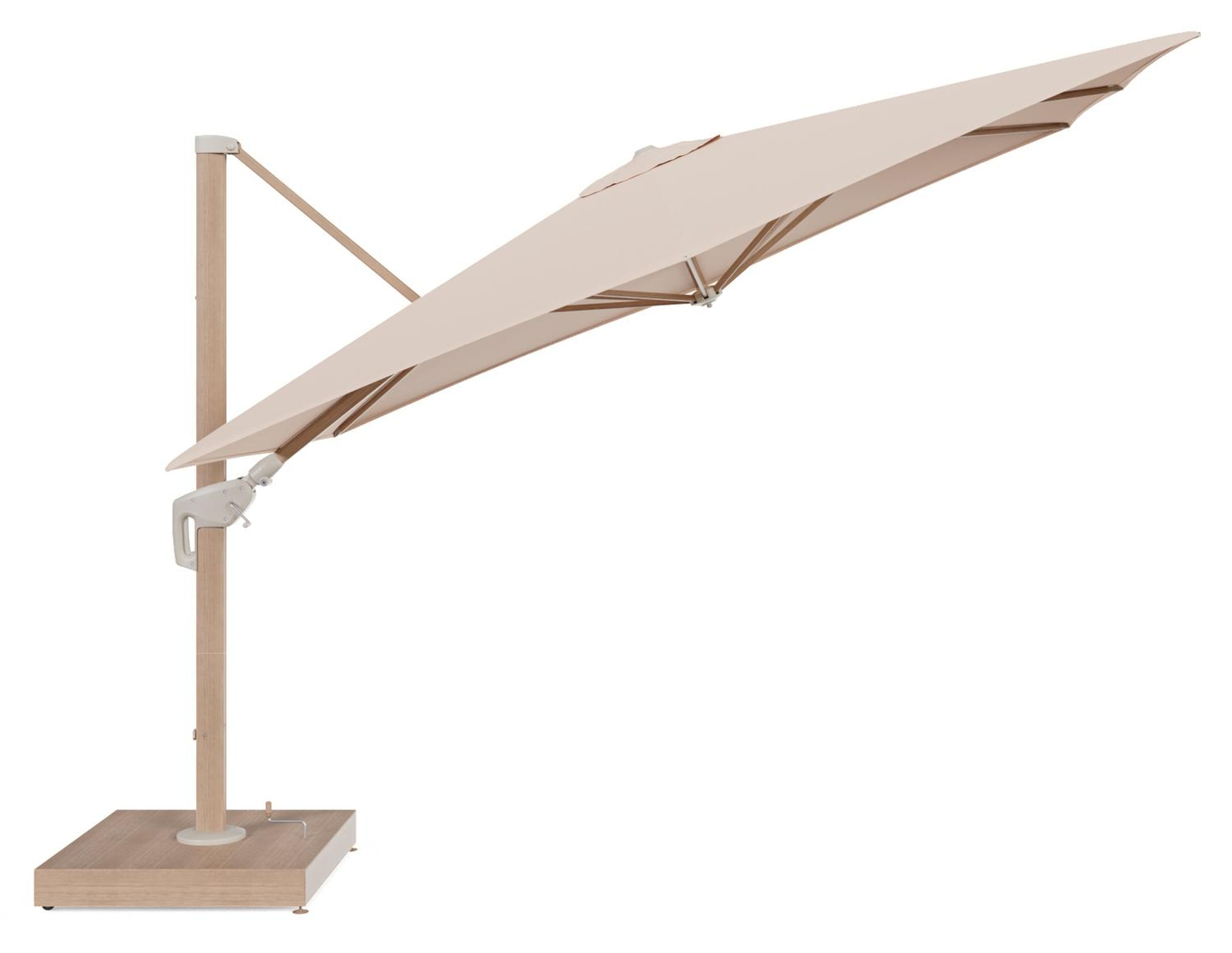 Minore zweefparasol met tiltfunctie in houtlook aluminium en Natte Linen Chalk All Weather Sunbrella® Luxe parasoldoek - L1 280 x L2 370 cm met parasolvoet Minore 260 kg met wielen