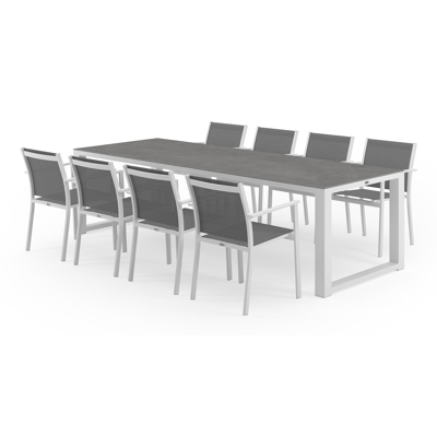 Ensemble de jardin Livo en aluminium blanc avec plateau de table en céramique pleine gris et 8 chaises de jardin empilables Bareto
