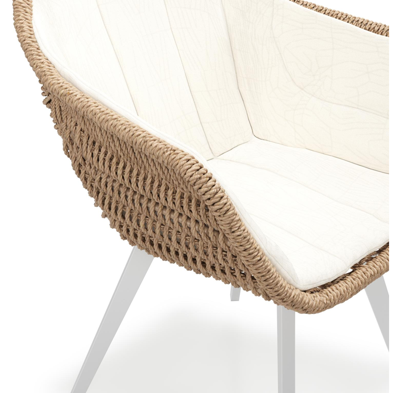 Pagino tuinstoel in wit aluminium en naturel ronde wicker met zitkussen in All Weather Sunbrella® Luxe Natte White