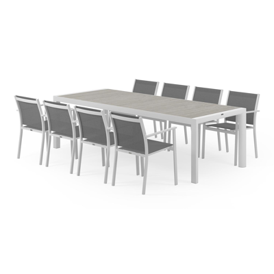 Madura tuinset in wit aluminium en grijs keramische tegels tafelblad met 8 stapelbare Bareto tuinstoelen