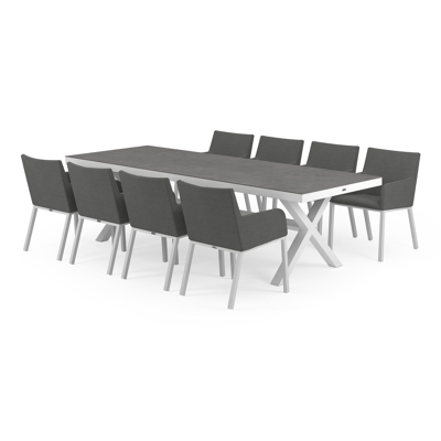 Reza tuinset in wit aluminium en grijs volkeramiek tafelblad met 8 Rivo tuinstoelen