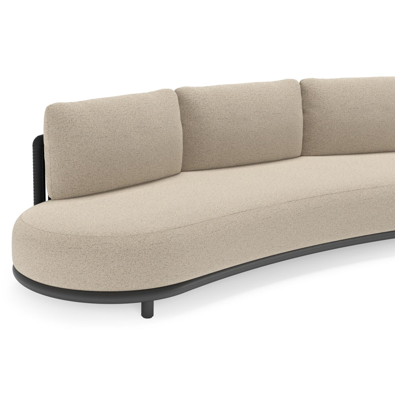 Lomano loungeset in zwart aluminium en zwart verticaal geweven luxe vlakke rope met marbella beige all weather cosytica kussen