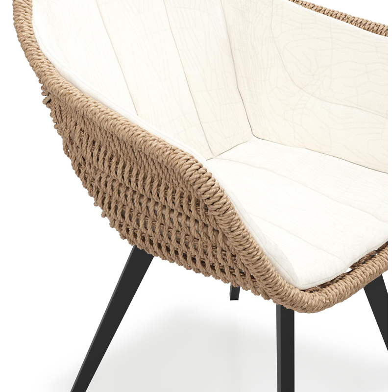 Pagino tuinstoel in zwart aluminium en naturel ronde wicker met zitkussen in All Weather Sunbrella® Luxe Natte White
