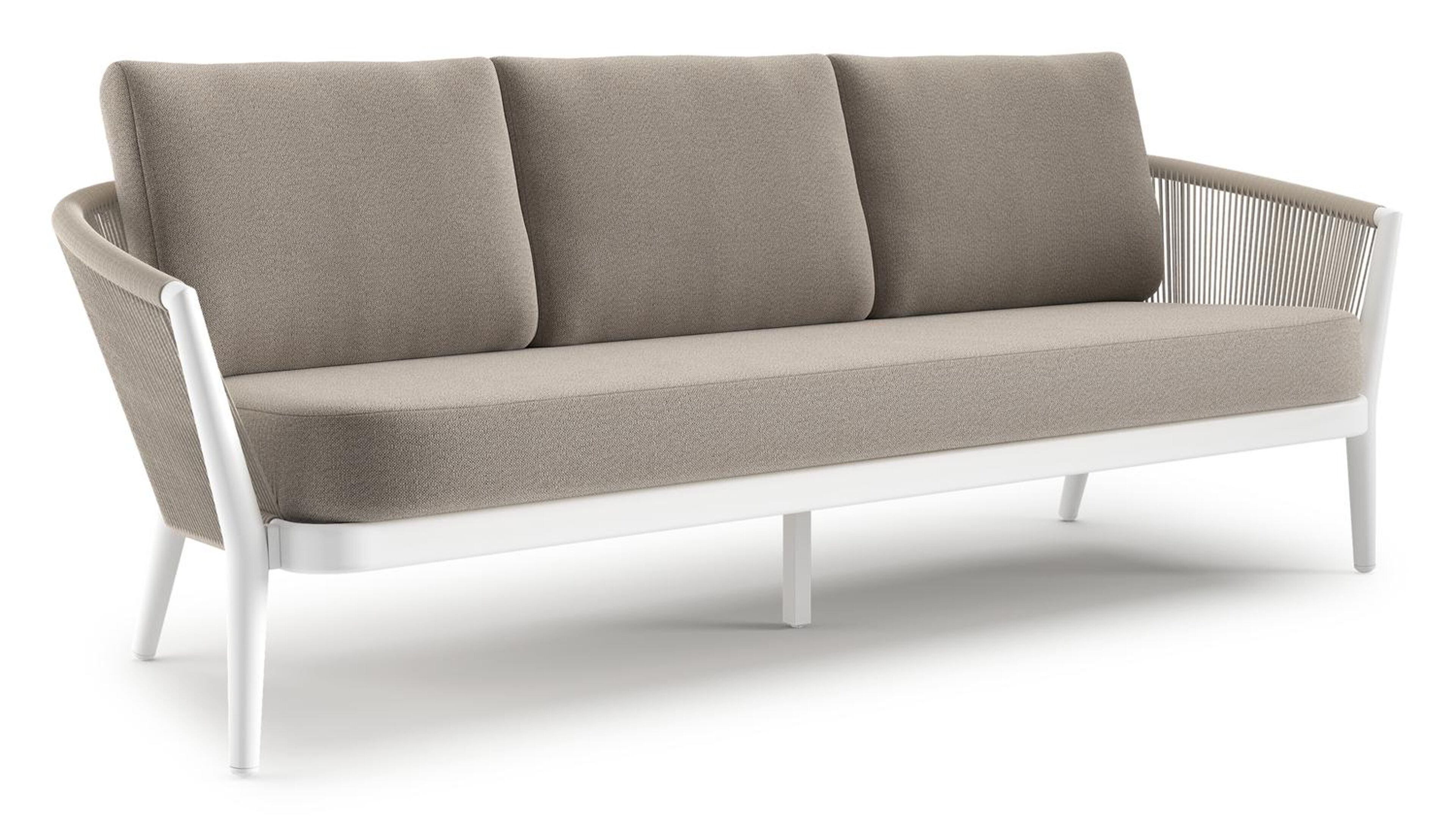 Orso loungebank in wit aluminium en beige verticaal geweven ronde rope met Savane Coconut all weather sunbrella® luxe kussen