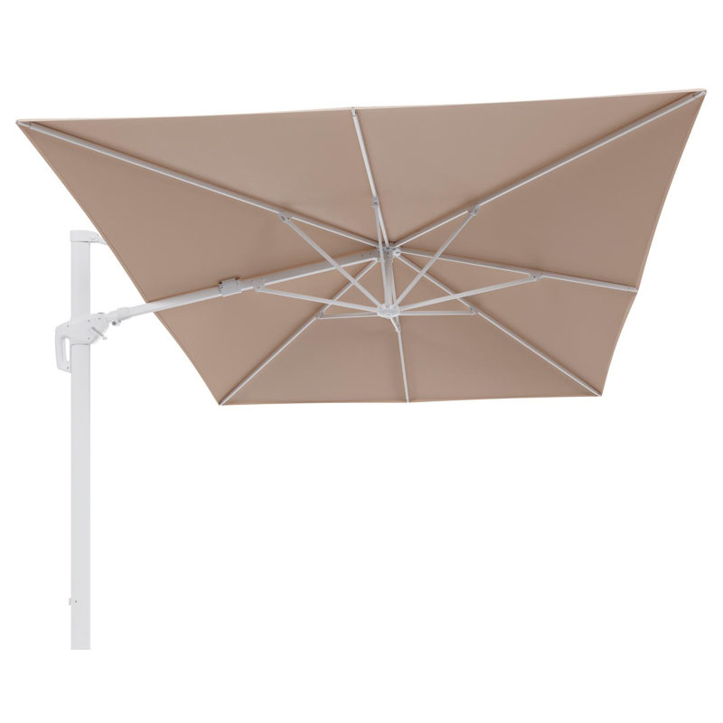 Parasol pendant Minore avec fonction tilt en aluminium blanc et toile de parasol en All Weather Sunbrella® Luxe Natte Linen Chalk - Lg.1 400 x Lg.2 300 cm (sans pied de parasol)