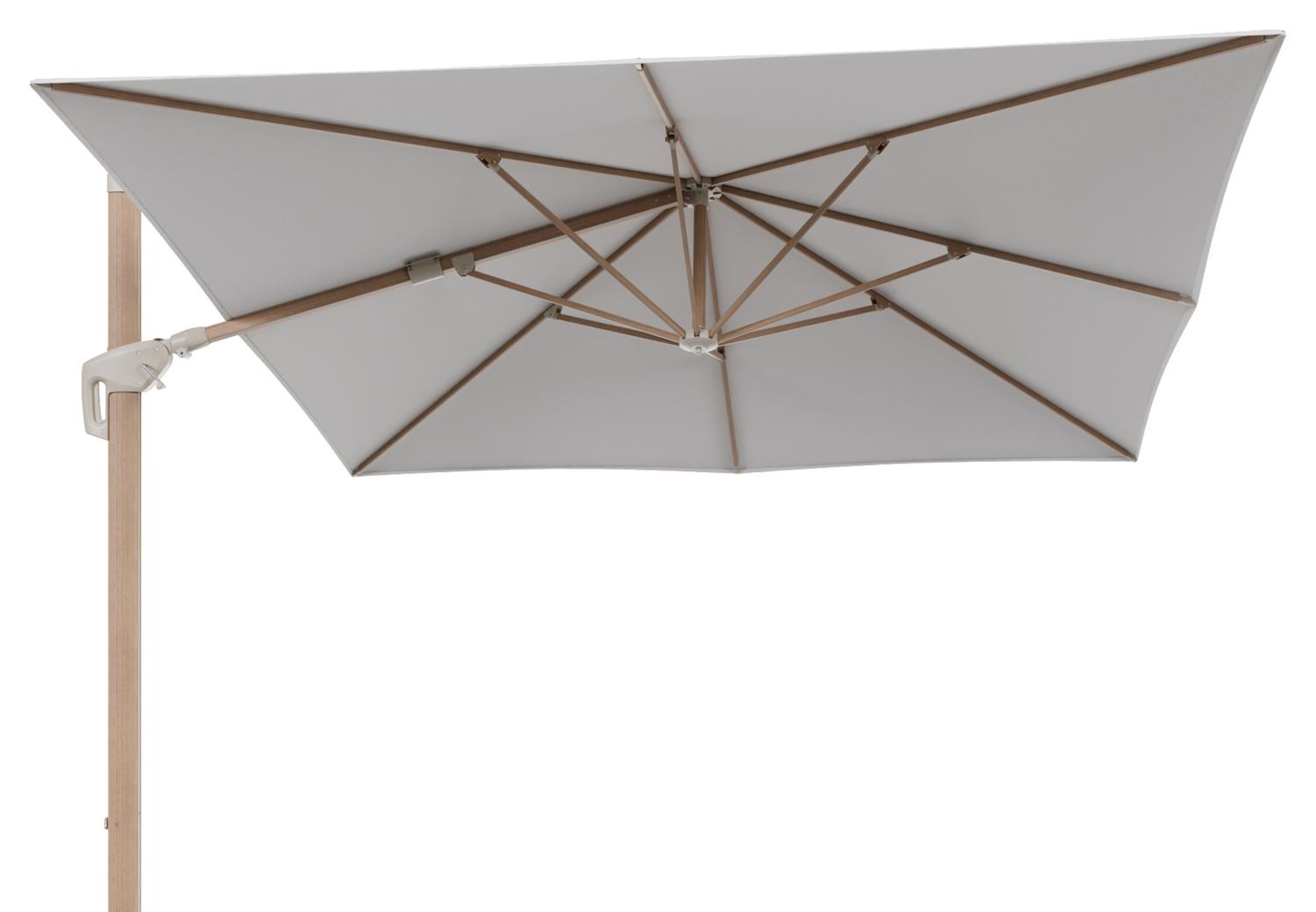 Parasol pendant Minore avec fonction tilt en aluminium aspect de bois et toile de parasol All Weather Solica Soul Optik - Lg.1 350 x Lg.2 350 cm (sans pied de parasol