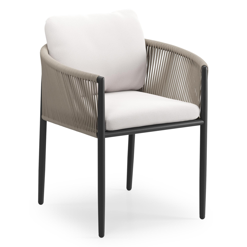 Organo tuinstoel in zwart aluminium en zwart verticaal geweven ronde rope met stoelkussen in All Weather Sunbrella® Luxe Savane Whisper