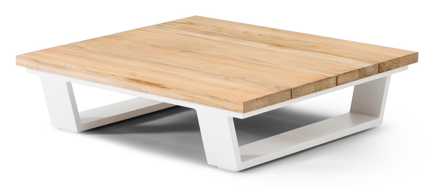 Pagino loungetafel / poef in wit aluminium en naturel teak - L 79,5 x B 79,5 x H 21 cm