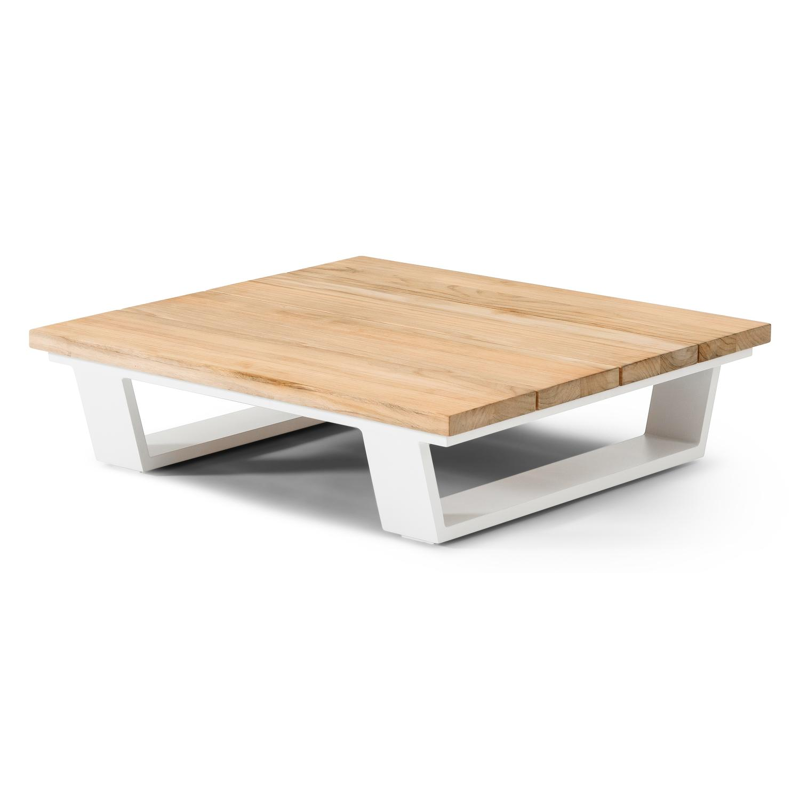 Pagino loungetafel / poef in wit aluminium en naturel teak - L 79,5 x B 79,5 x H 21 cm