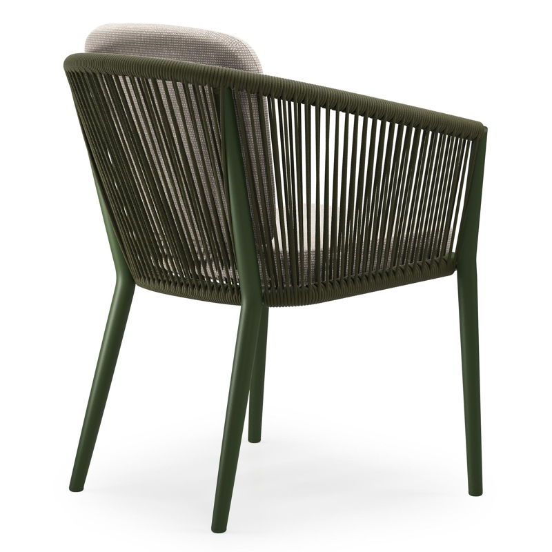 Chaise de jardin Orso en aluminium vert et corde ronde tissée verticalement vert avec coussin en All Weather Sunbrella® Luxe Slow Farafra