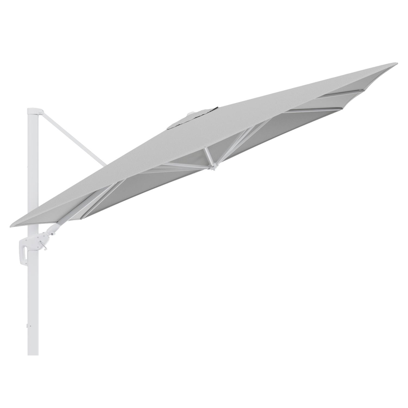 Minore zweefparasol tiltfunctie in wit aluminium en parasoldoek in All Weather Sunbrella® Luxe Savane Nimbus - L1 280 x L2: 370 cm (zonder voet)